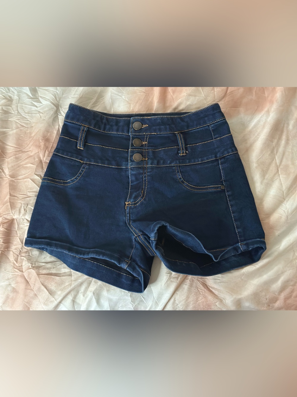 Refuge | High-Rise Dark Blue Skin Tight Denim Shorts w/ Button Fly Closure